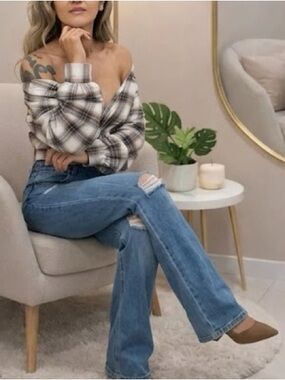 Off-Shoulder Plaid Blouse in Cream and Black - Casual Women’s Top